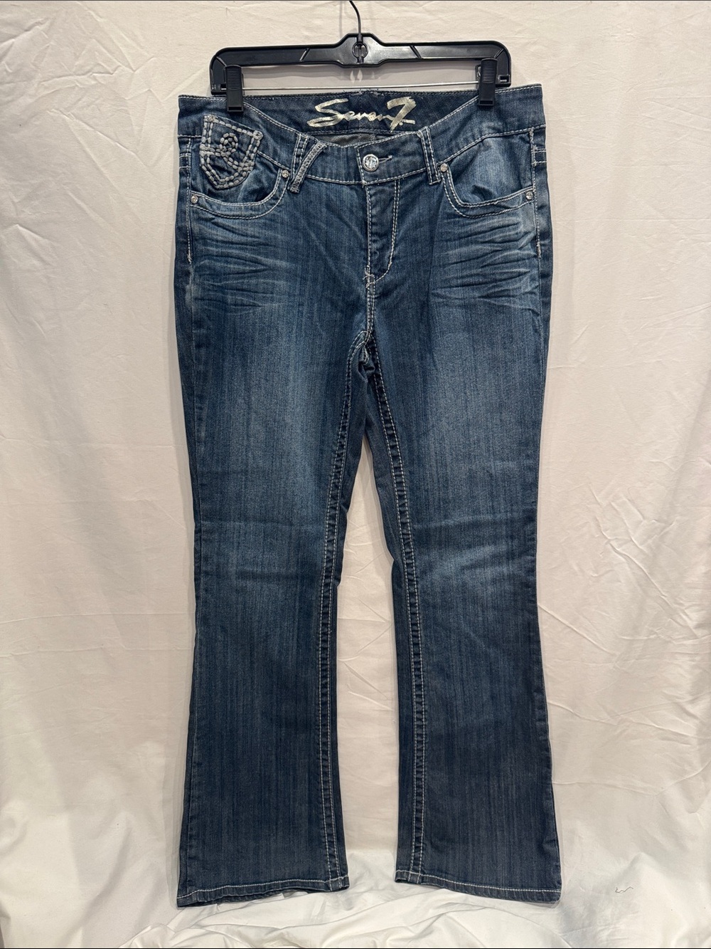 Seven7 Women's Blue Flare Wide Leg Bootcut Jeans 12 Y2K Grunge McBling
